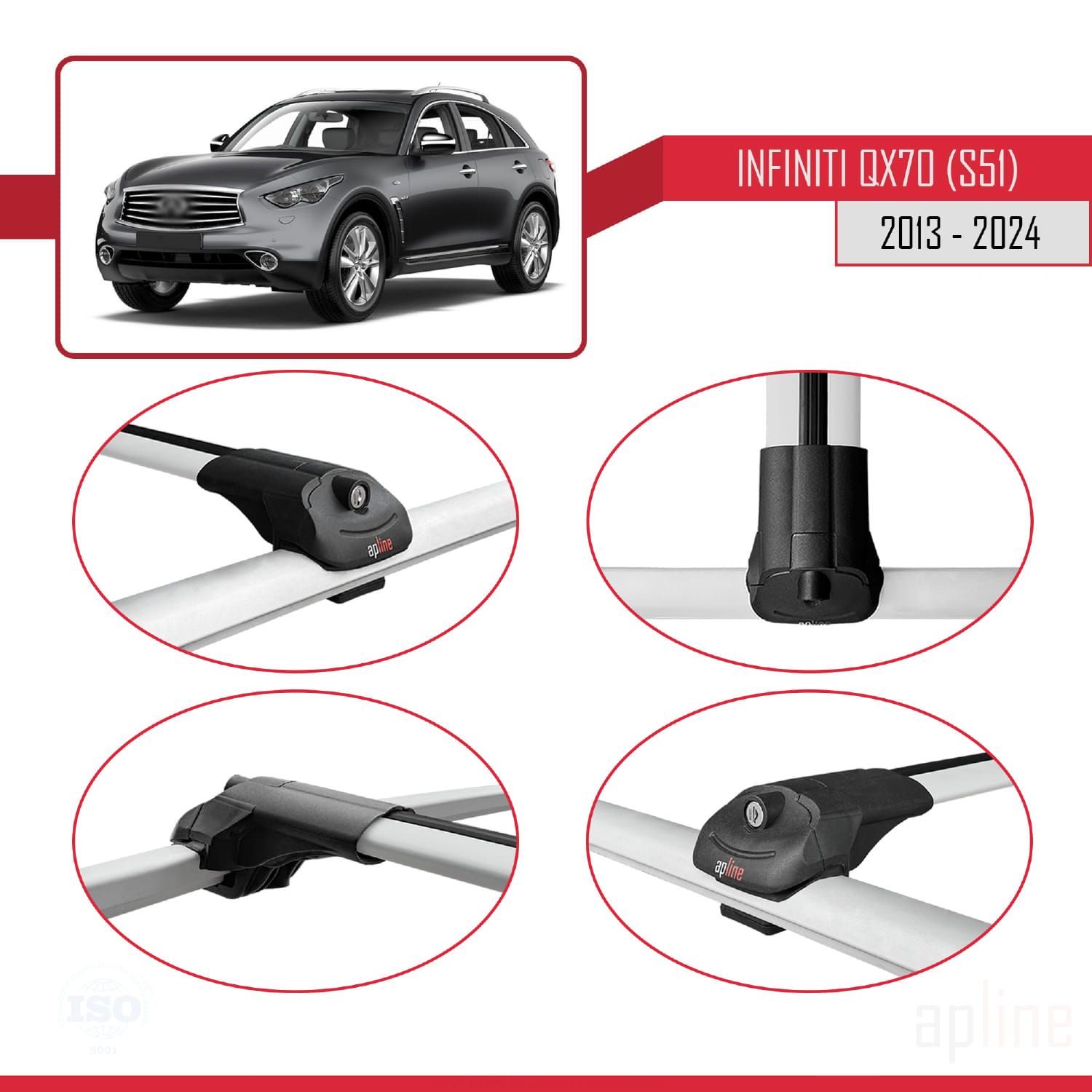 Infiniti QX70 (S51) 2013-2019 Arası ile Uyumlu ACE-1 Model Ara Atkı Tavan Barı Gri 3 Adet - Görsel 4