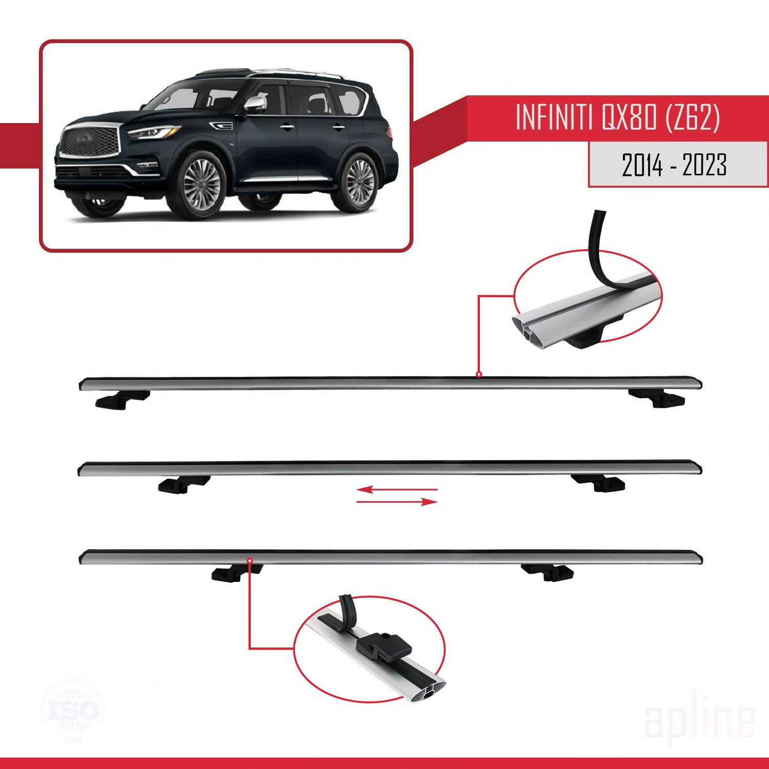 Infiniti QX80 (Z62) 2014-2023 Arası ile Uyumlu BASIC Model Ara Atkı Tavan Barı Gri 2 Adet - Görsel 5