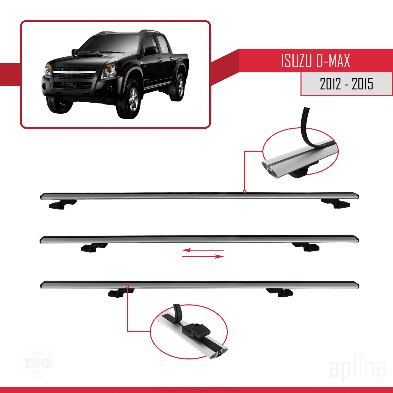 Isuzu D-Max 2 (RT50) Pre-Facelift 2012-2015 Arası ile Uyumlu BASIC Model Ara Atkı Tavan Barı Gri 2 Adet - Görsel 5
