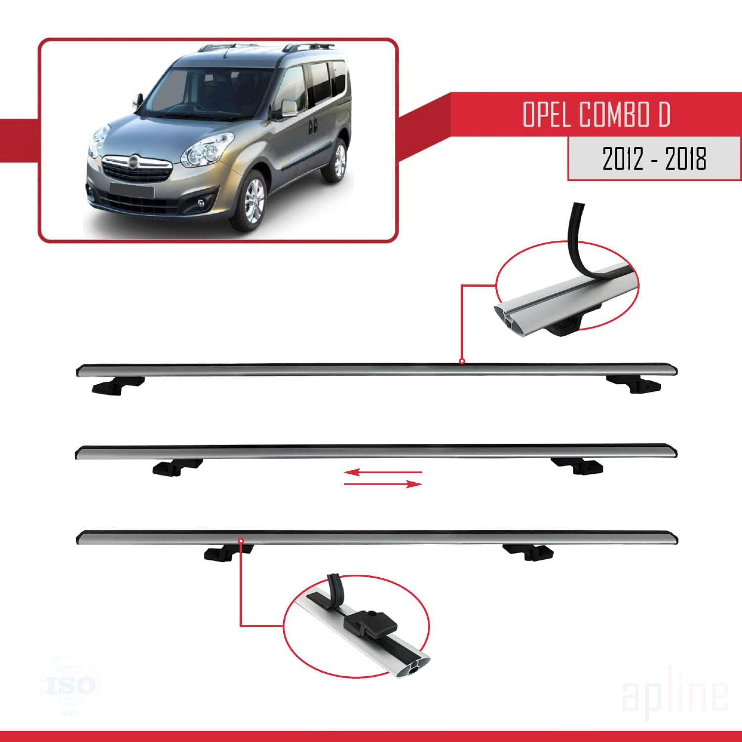 Opel Combo D 2012-2018 Arası ile Uyumlu BASIC Model Ara Atkı Tavan Barı Gri 3 Adet - Görsel 5