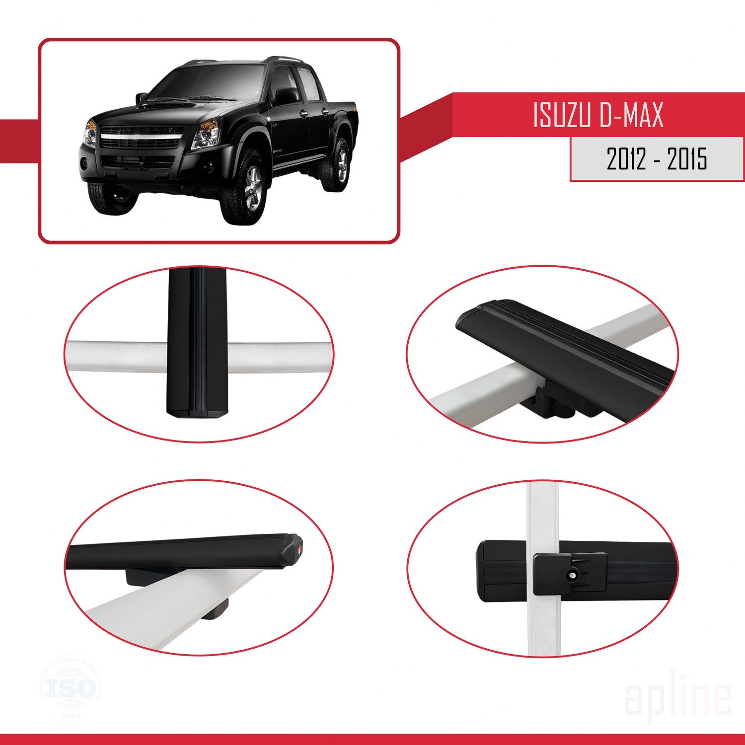 Isuzu D-Max 2 (RT50) Pre-Facelift 2012-2015 Arası ile Uyumlu BASIC Model Ara Atkı Tavan Barı Siyah 2 Adet - Görsel 4