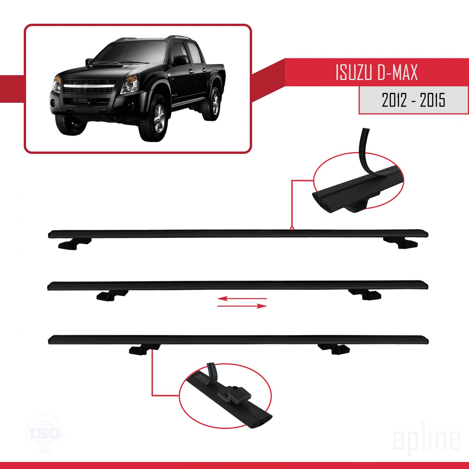 Isuzu D-Max 2 (RT50) Pre-Facelift 2012-2015 Arası ile Uyumlu BASIC Model Ara Atkı Tavan Barı Siyah 2 Adet - Görsel 5