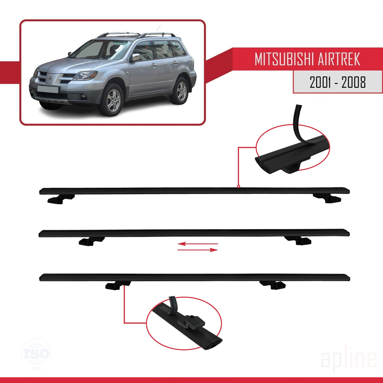 Mitsubishi Airtrek 2001-2008 Arası ile Uyumlu BASIC Model Ara Atkı Tavan Barı Siyah 3 Adet - Görsel 5