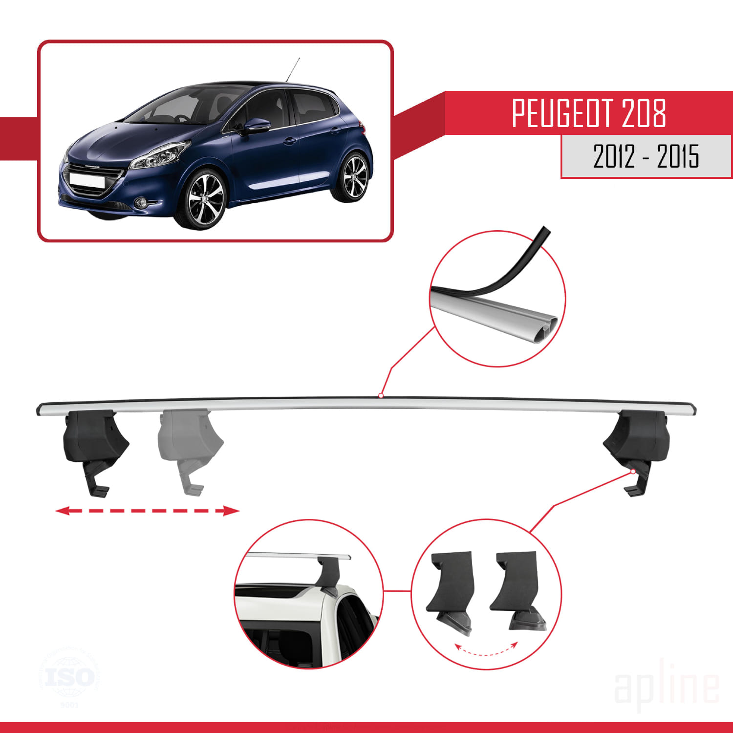 Peugeot 208 (A9) Pre-Facelift 2012-2015 Arası ile Uyumlu ACE-4 Ara Atkı Tavan Barı Gri 2 Adet - Görsel 3