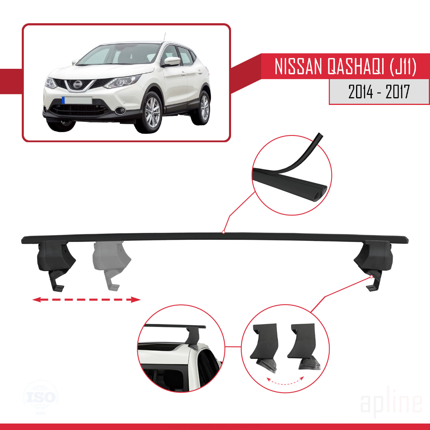 Nissan Qashqai 2 (J11) Pre-Facelift 2014-2017 Arası ile Uyumlu ACE-4 Ara Atkı Tavan Barı Siyah 2 Adet - Görsel 3