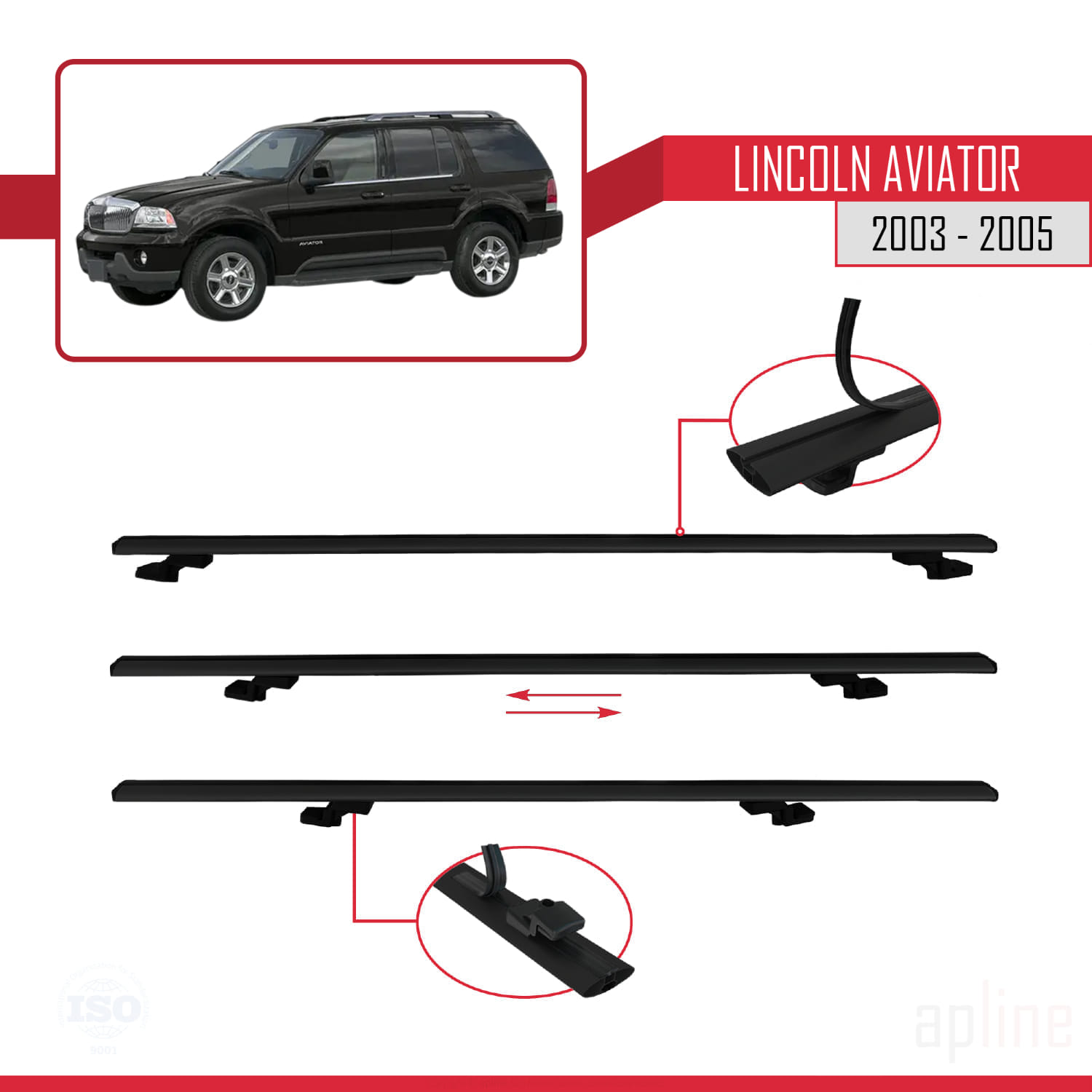 Lincoln Aviator 2003-2005 Arası ile Uyumlu BASIC Model Ara Atkı Tavan Barı Siyah 3 Adet - Görsel 5