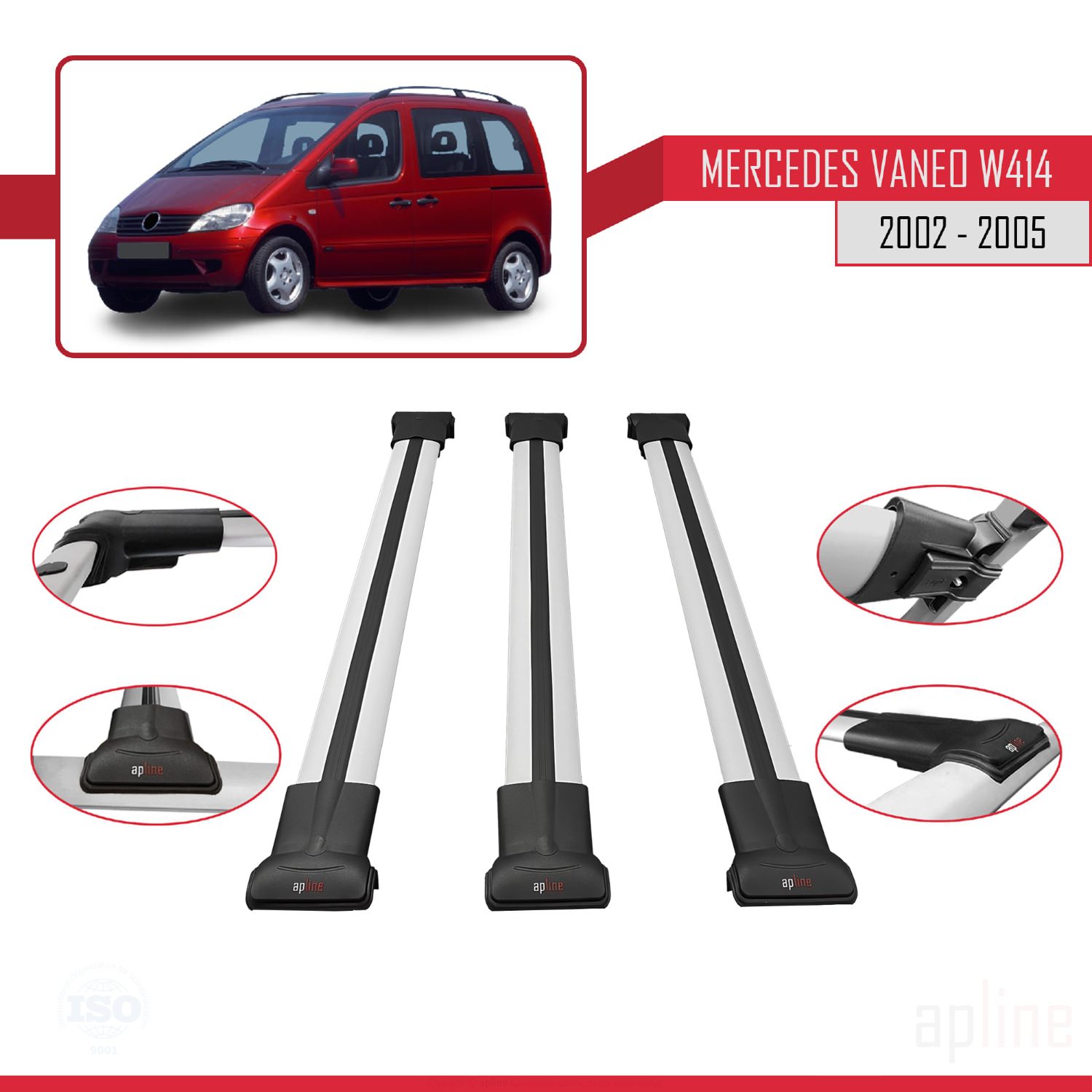 Mercedes Vaneo (W414) 2001-2005 Arası ile Uyumlu FLY Model Ara Atkı Tavan Barı Gri 3 Adet - Görsel 3