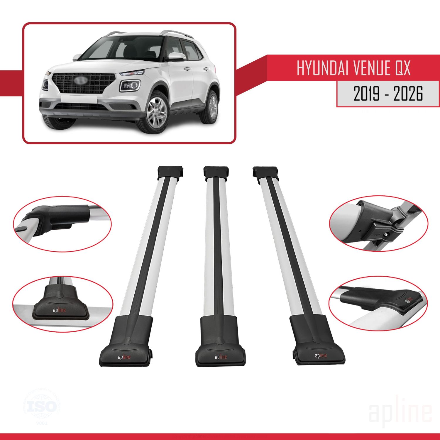 Hyundai Venue (QX) 2019-2026 Arası ile Uyumlu FLY Model Ara Atkı Tavan Barı Gri 3 Adet - Görsel 3