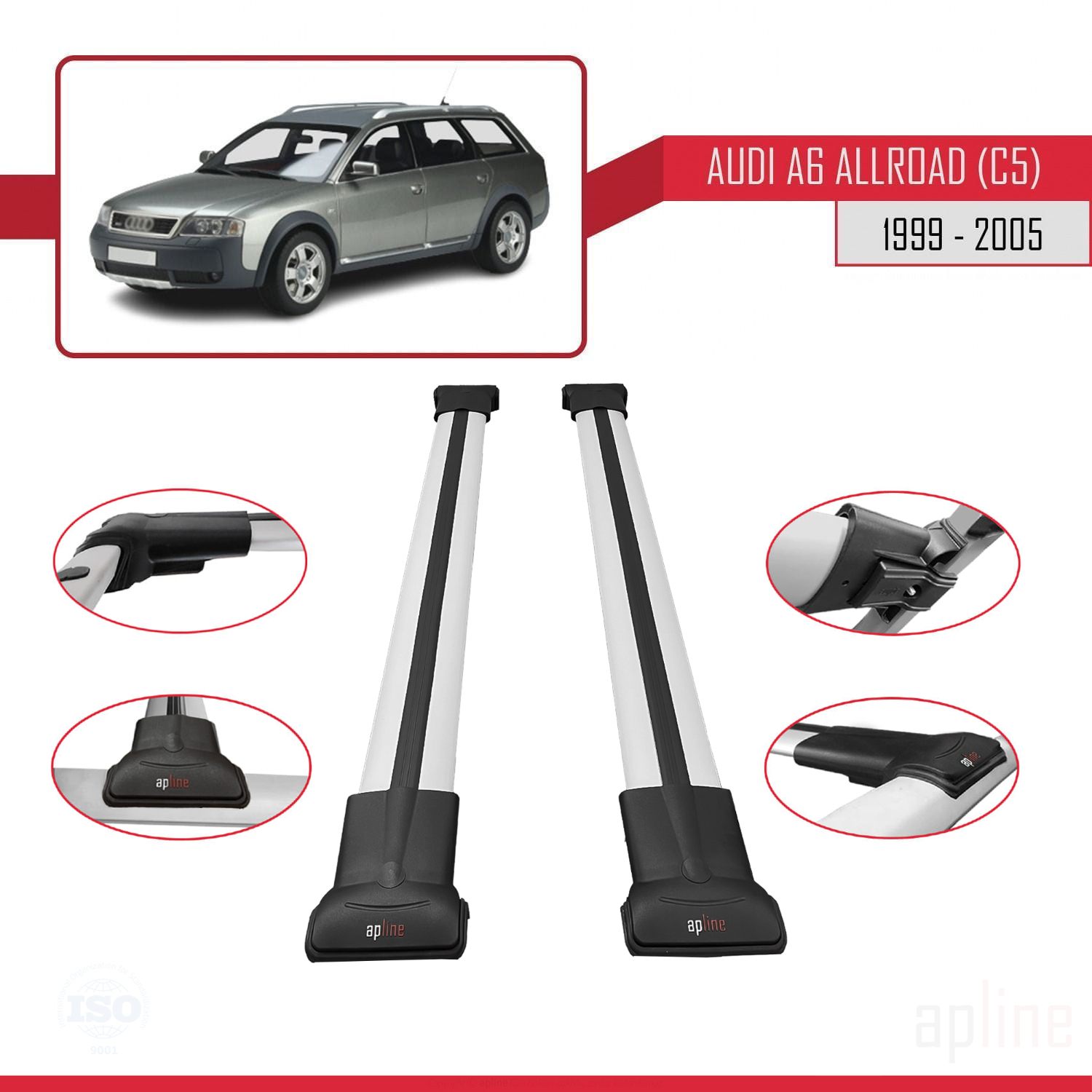Audi A6 (C5) Allroad 1999-2005 Arası ile Uyumlu FLY Model Ara Atkı Tavan Barı Gri 2 Adet - Görsel 3