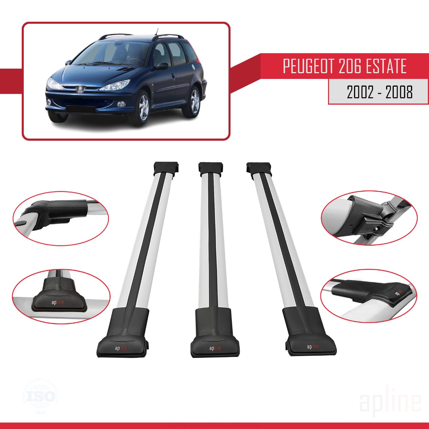 Peugeot 206 SW (T12) 2001-2008 Arası ile Uyumlu FLY Model Ara Atkı Tavan Barı Gri 3 Adet - Görsel 3