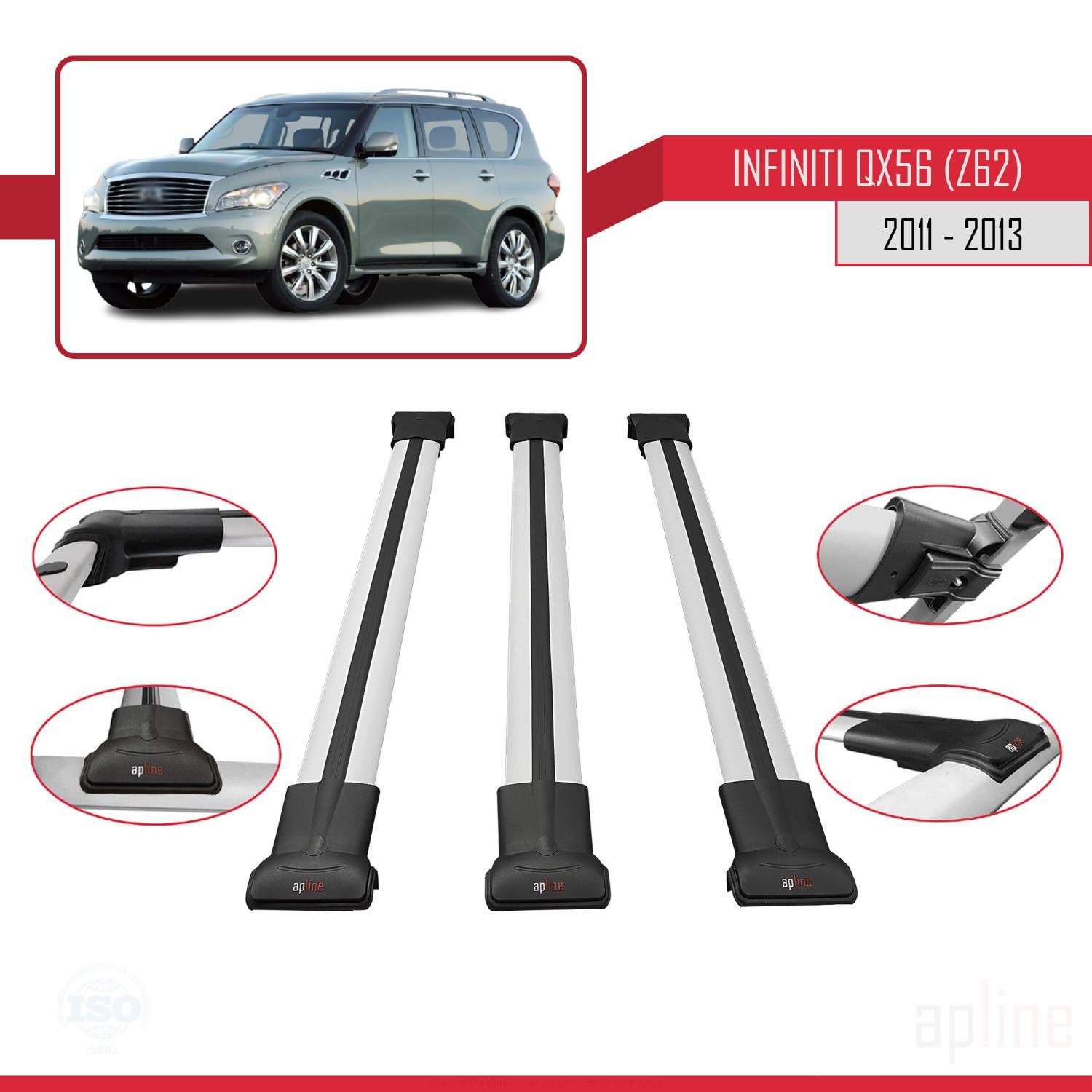 Infiniti QX56 (Z62) 2011-2013 Arası ile Uyumlu FLY Model Ara Atkı Tavan Barı Gri 3 Adet - Görsel 3