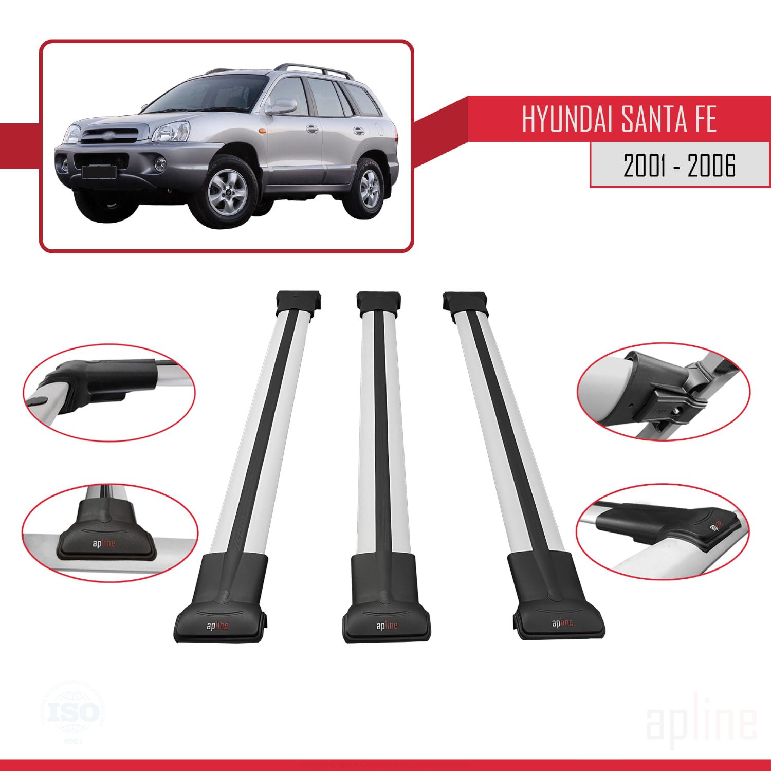 Hyundai Santa Fe (SM) 2000-2006 Arası ile Uyumlu FLY Model Ara Atkı Tavan Barı Gri 3 Adet - Görsel 3