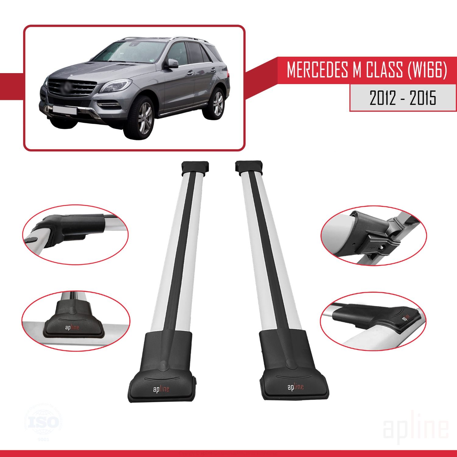 Mercedes M Class 3 (W166) Pre-Facelift 2012-2015 Arası ile Uyumlu FLY Model Ara Atkı Tavan Barı Gri 2 Adet - Görsel 3