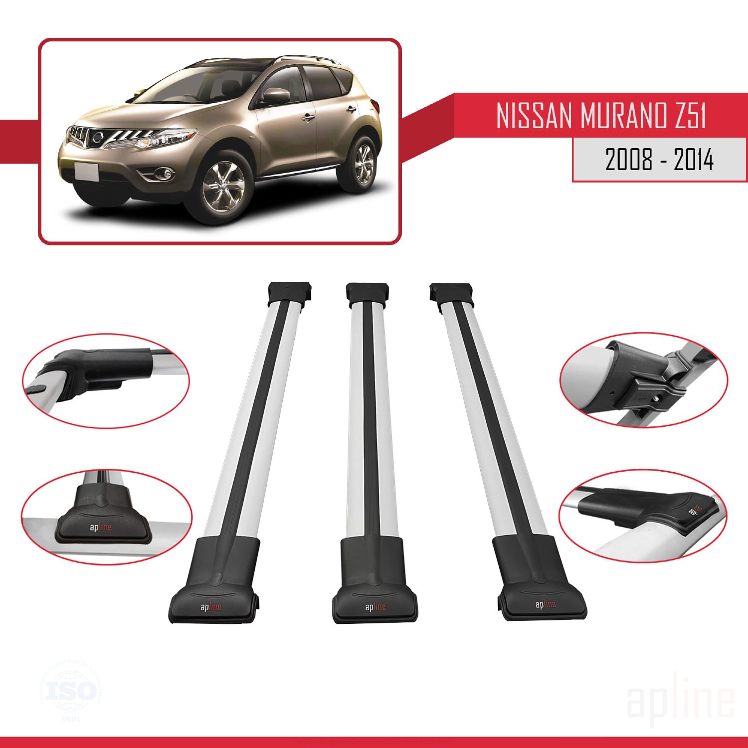 Nissan Murano 2 (Z51) 2008-2014 Arası ile Uyumlu FLY Model Ara Atkı Tavan Barı Gri 3 Adet - Görsel 3