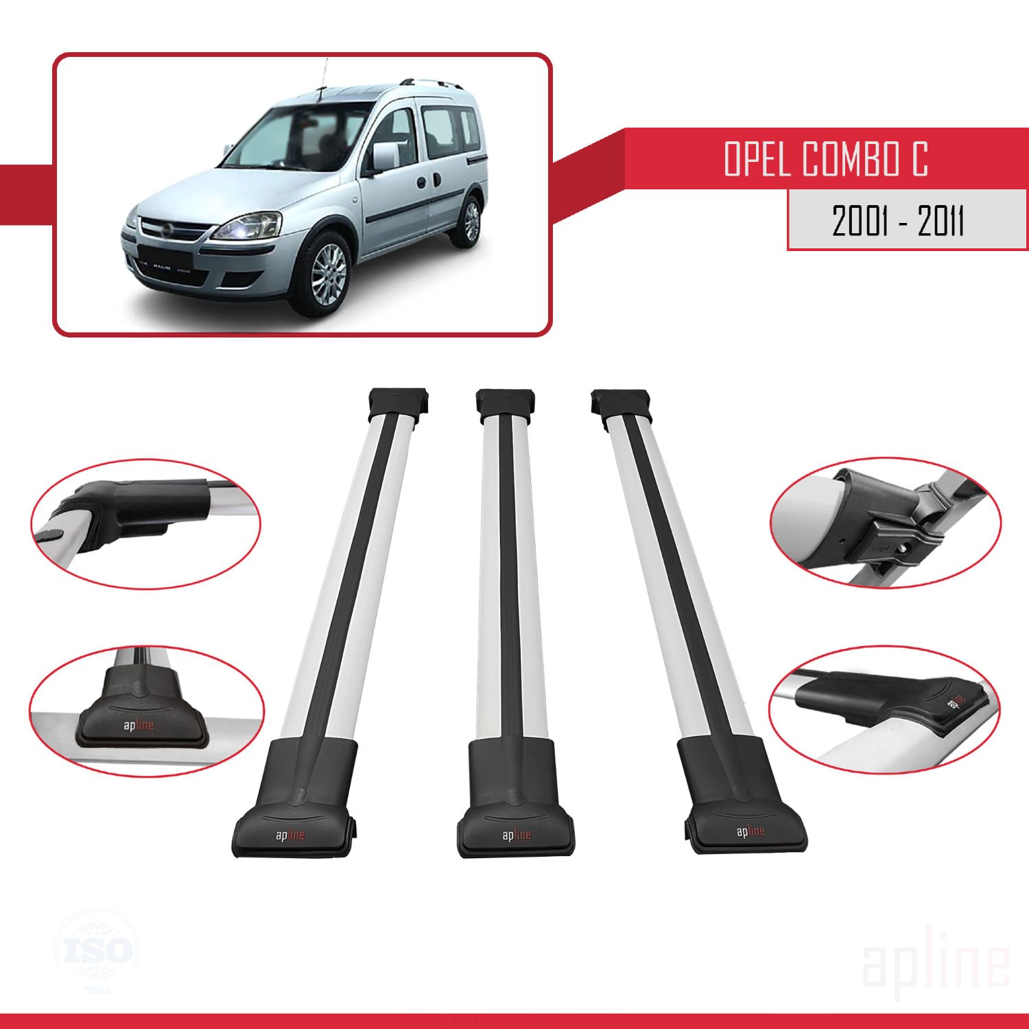 Opel Combo C 2001-2011 Arası ile Uyumlu FLY Model Ara Atkı Tavan Barı Gri 3 Adet - Görsel 3