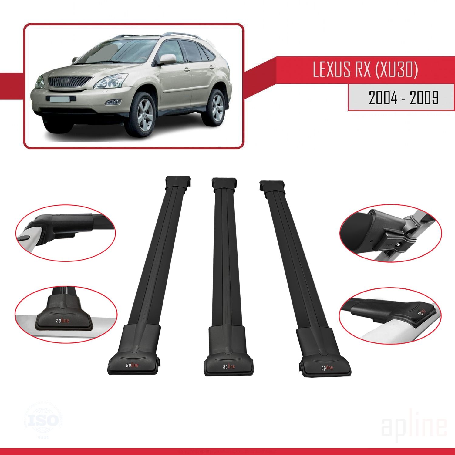 Lexus RX 2 (XU30) 2004-2009 Arası ile Uyumlu FLY Model Ara Atkı Tavan Barı Siyah 3 Adet - Görsel 3