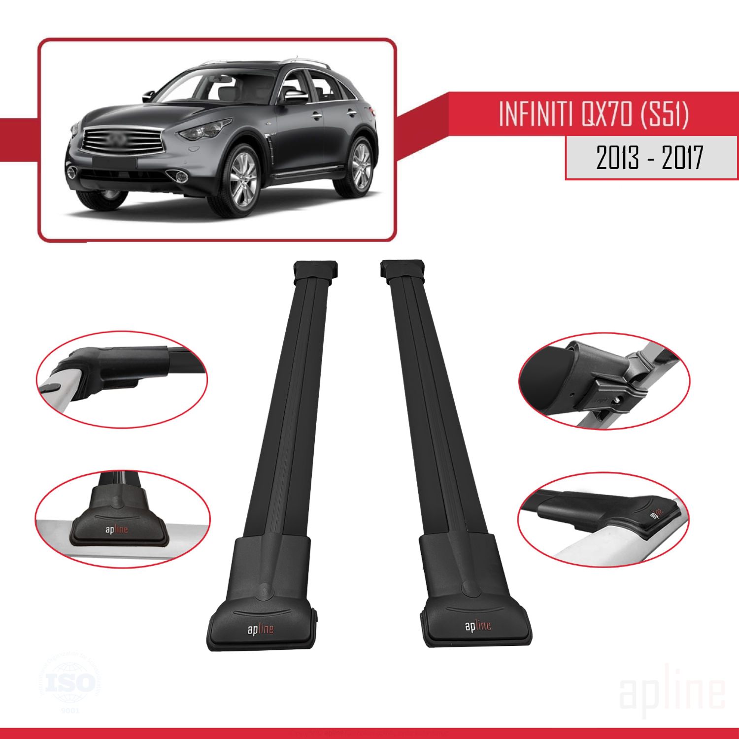Infiniti QX70 (S51) 2013-2019 Arası ile Uyumlu FLY Model Ara Atkı Tavan Barı Siyah 2 Adet - Görsel 3