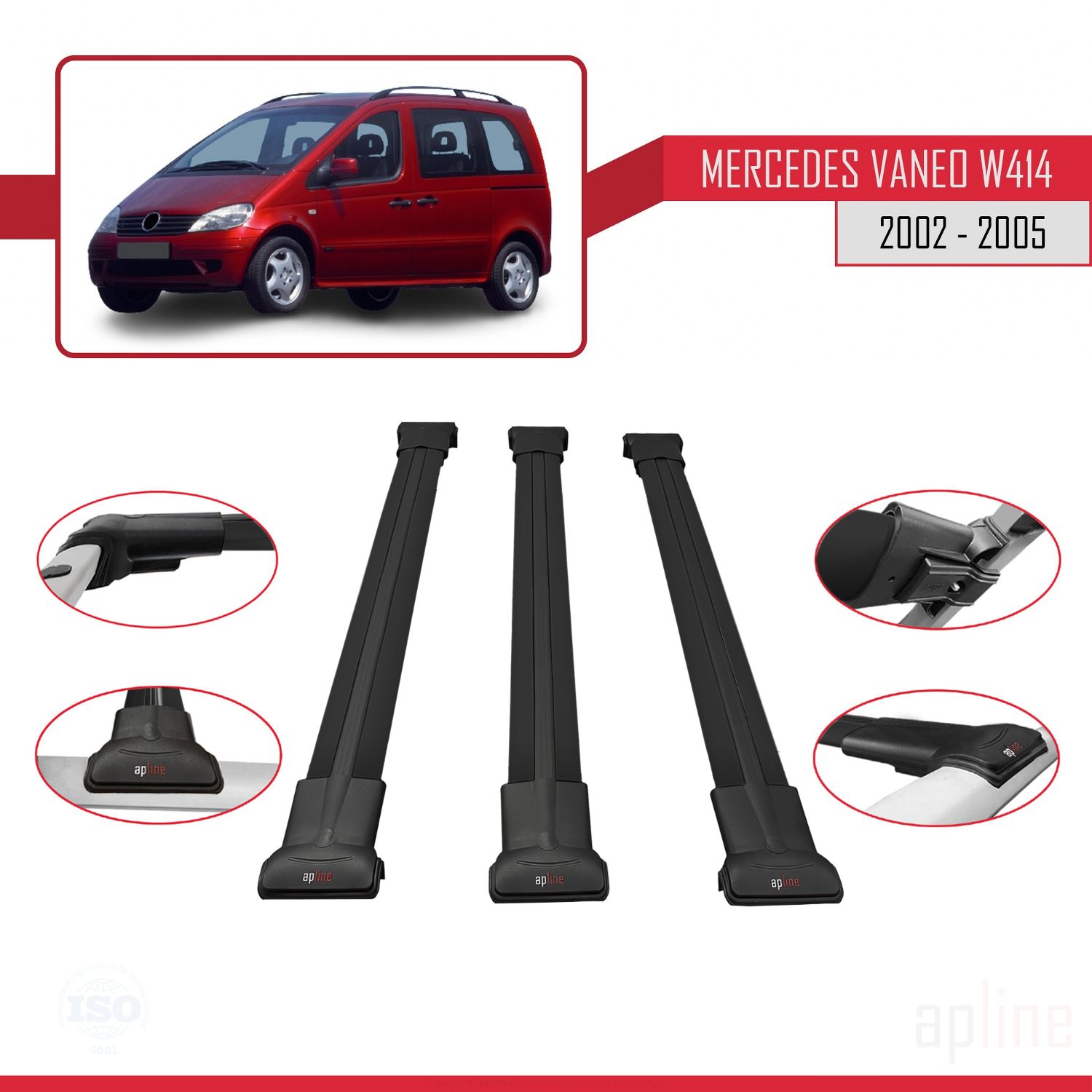 Mercedes Vaneo (W414) 2001-2005 Arası ile Uyumlu FLY Model Ara Atkı Tavan Barı Siyah 3 Adet - Görsel 3