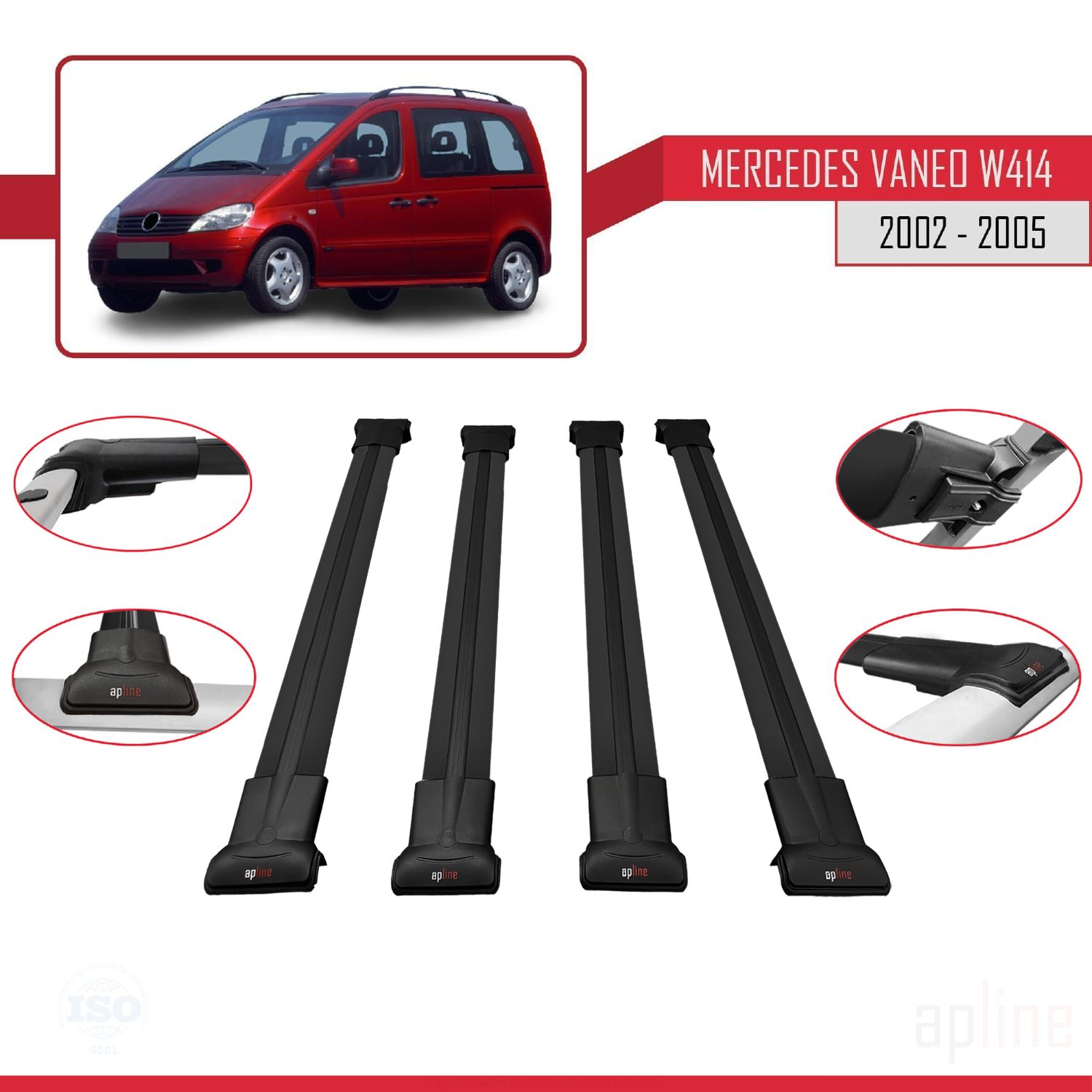 Mercedes Vaneo (W414) 2001-2005 Arası ile Uyumlu FLY Model Ara Atkı Tavan Barı Siyah 4 Adet - Görsel 3