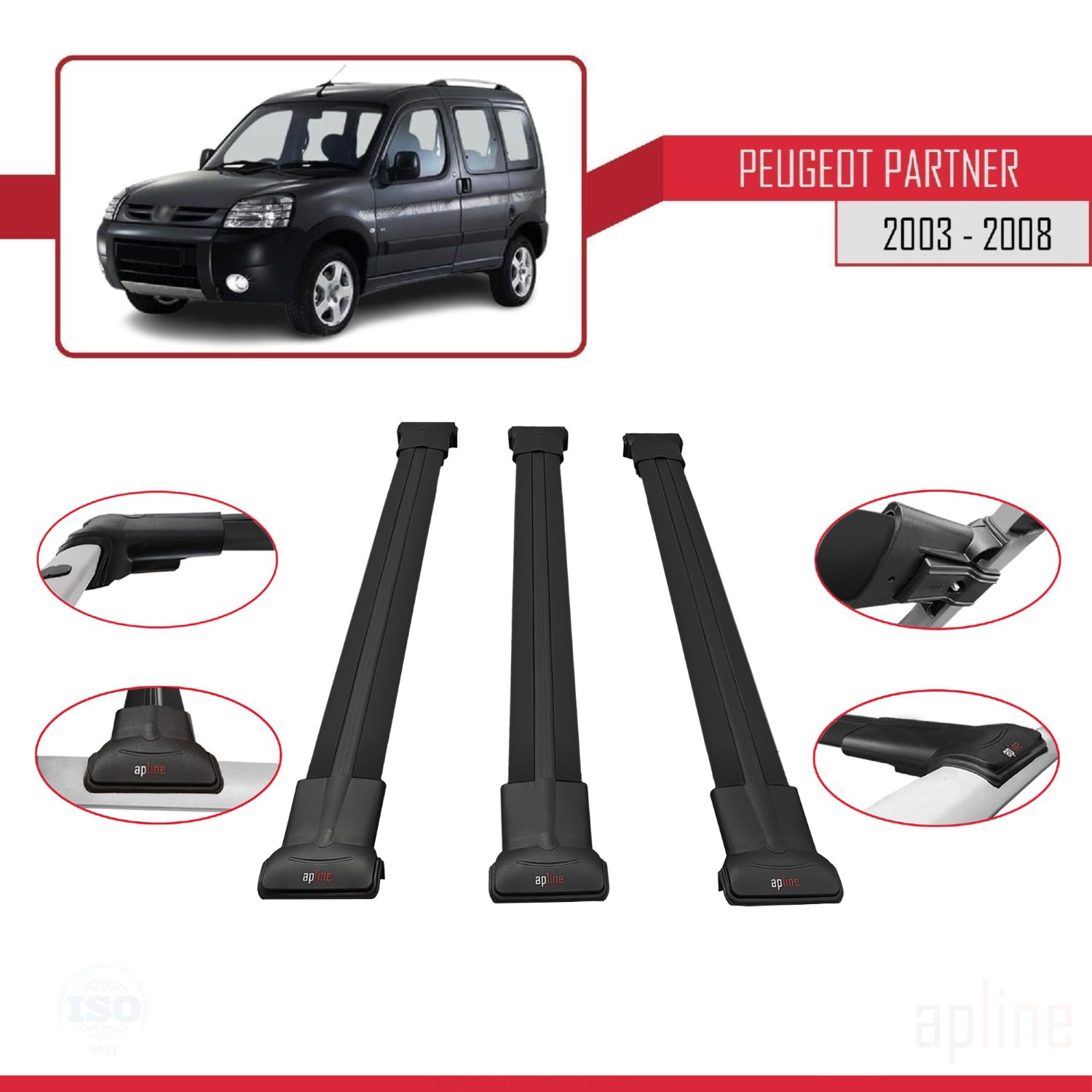 Peugeot Partner (M59) Post-Facelift 2003-2008 Arası ile Uyumlu FLY Model Ara Atkı Tavan Barı Siyah 3 Adet - Görsel 3