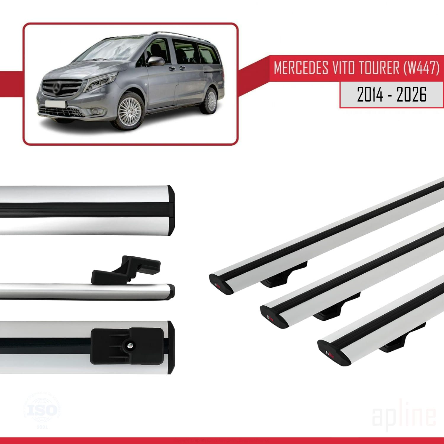 Mercedes Vito Tourer (W447) 2014 -2026 Arası ile Uyumlu BASIC Model Ara Atkı Tavan Barı Gri 3 Adet - Görsel 3