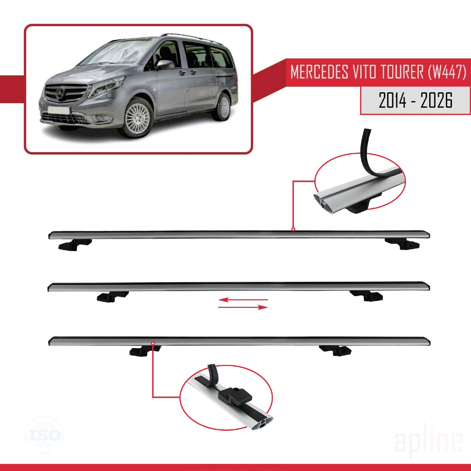 Mercedes Vito Tourer (W447) 2014 -2026 Arası ile Uyumlu BASIC Model Ara Atkı Tavan Barı Gri 2 Adet - Görsel 5