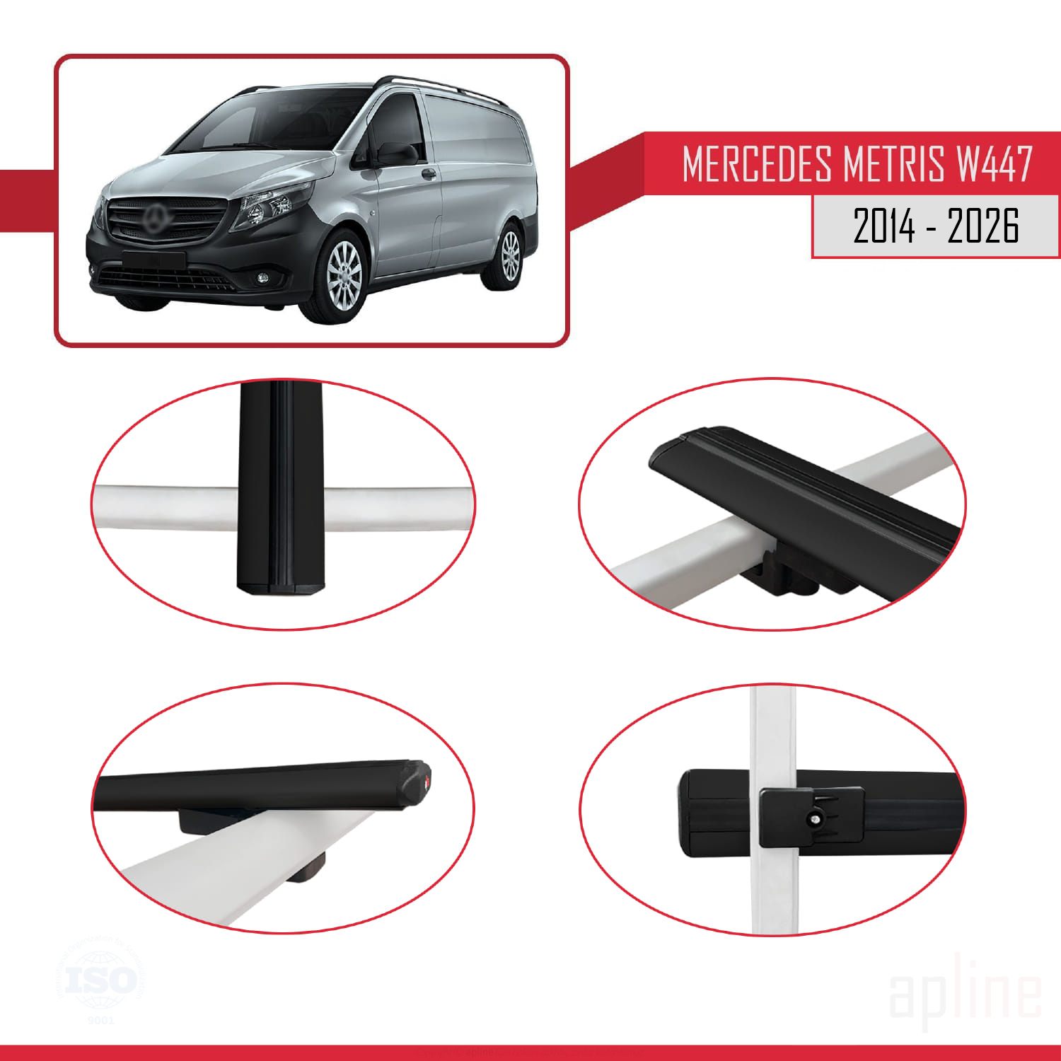 Mercedes Metris (W447) 2014 -2026 Arası ile Uyumlu BASIC Model Ara Atkı Tavan Barı Siyah 4 Adet - Görsel 4