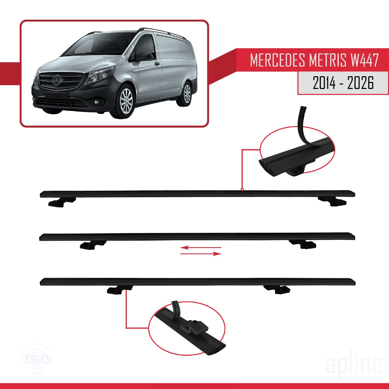 Mercedes Metris (W447) 2014 -2026 Arası ile Uyumlu BASIC Model Ara Atkı Tavan Barı Siyah 4 Adet - Görsel 5