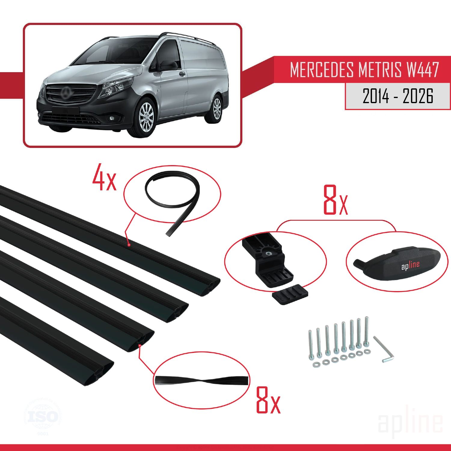 Mercedes Metris (W447) 2014 -2026 Arası ile Uyumlu BASIC Model Ara Atkı Tavan Barı Siyah 4 Adet - Görsel 6