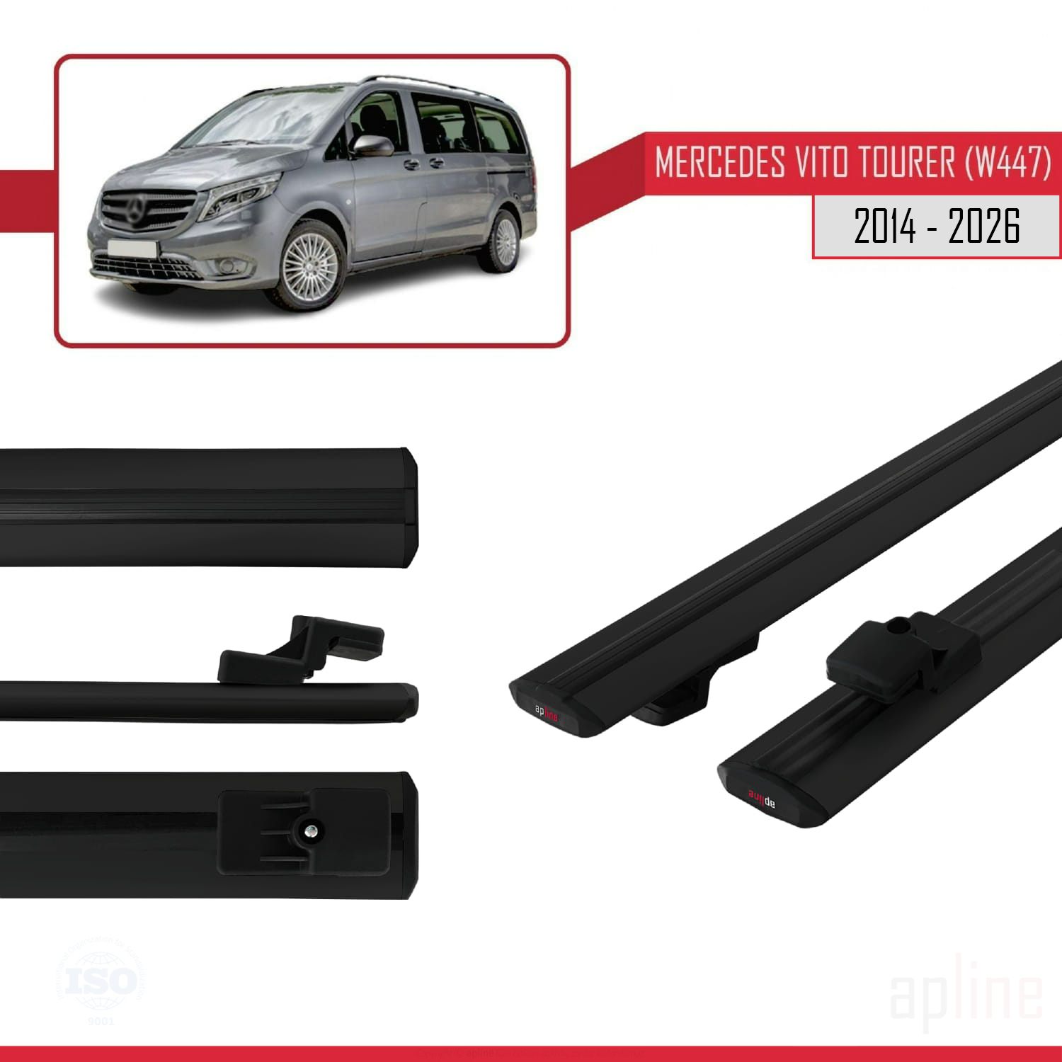 Mercedes Vito Tourer (W447) 2014 -2026 Arası ile Uyumlu BASIC Model Ara Atkı Tavan Barı Siyah 2 Adet - Görsel 3