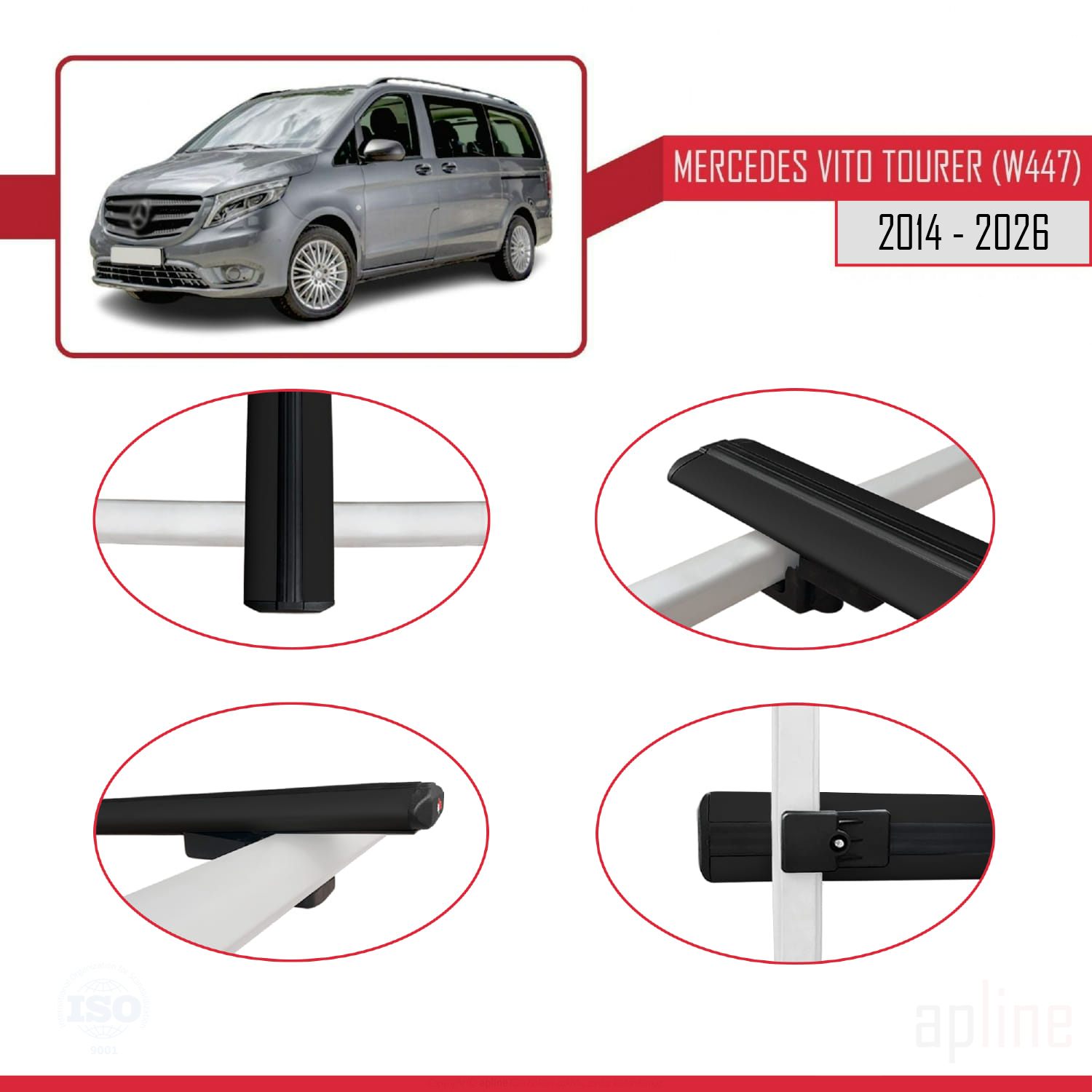 Mercedes Vito Tourer (W447) 2014 -2026 Arası ile Uyumlu BASIC Model Ara Atkı Tavan Barı Siyah 2 Adet - Görsel 4