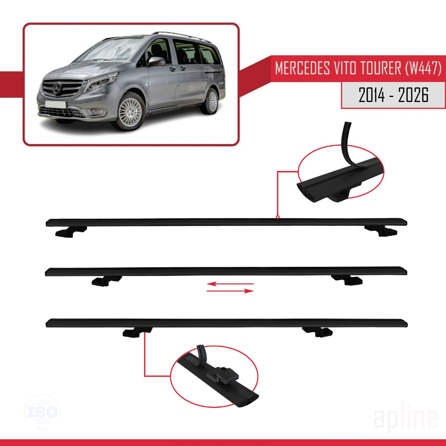 Mercedes Vito Tourer (W447) 2014 -2026 Arası ile Uyumlu BASIC Model Ara Atkı Tavan Barı Siyah 2 Adet - Görsel 5